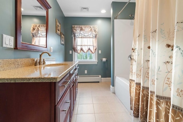 bathroom with vanity, shower / tub combo, tile patterned floors, and baseboard heating