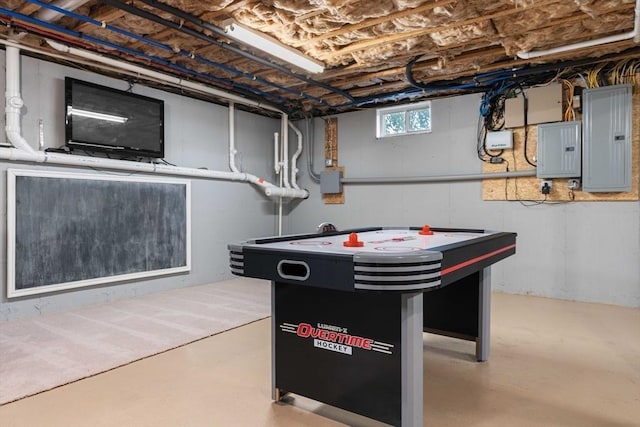 game room with electric panel