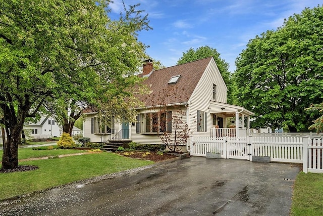 cape cod-style house with a gate, a chimney, and a shingled roof