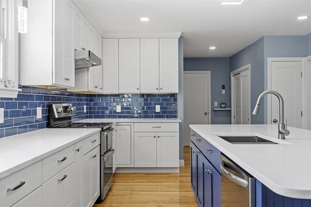 kitchen featuring appliances with stainless steel finishes, light wood-type flooring, under cabinet range hood, white cabinetry, and a sink