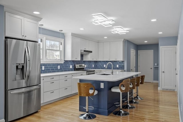 kitchen with stainless steel appliances, a sink, light countertops, and under cabinet range hood