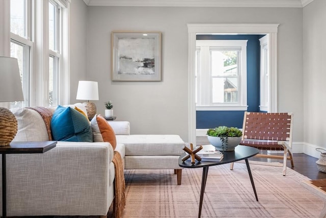 living area featuring baseboards, ornamental molding, and wood finished floors