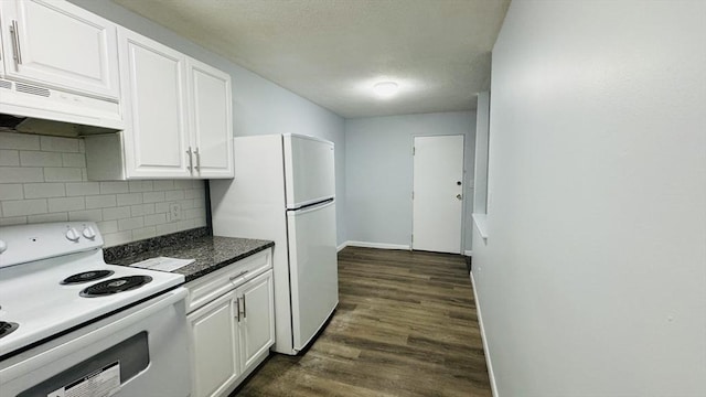 137 Winthrop St Unit 14A, Framingham, MA 01702 - kitchen with white appliances, under cabinet range hood, white cabinets, decorative backsplash, and dark wood finished floors