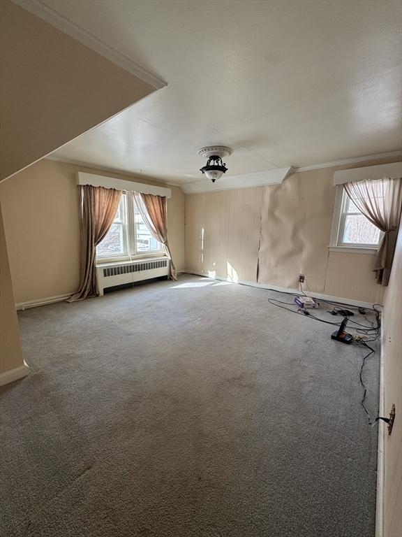 bonus room featuring radiator heating unit, carpet flooring, a wealth of natural light, and baseboards