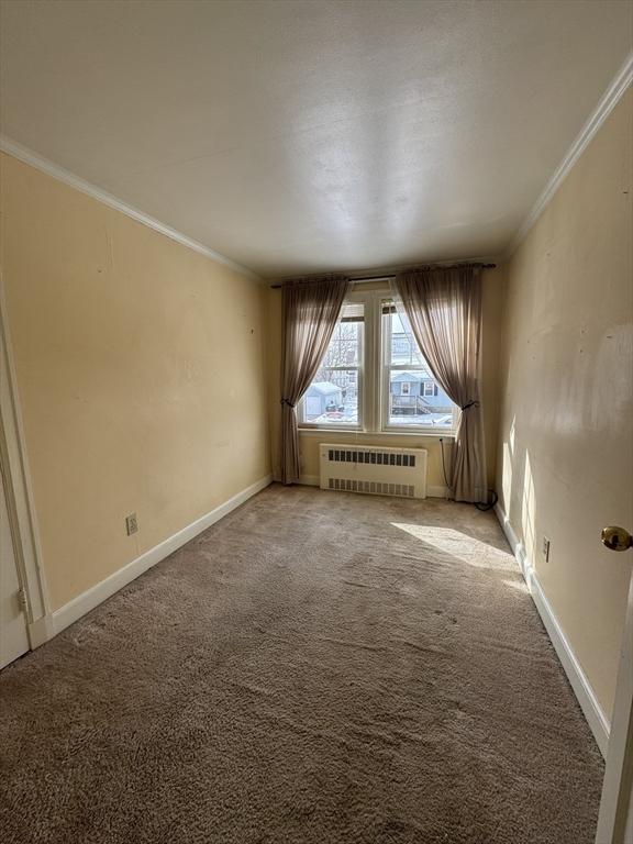 carpeted spare room featuring radiator, baseboards, and ornamental molding