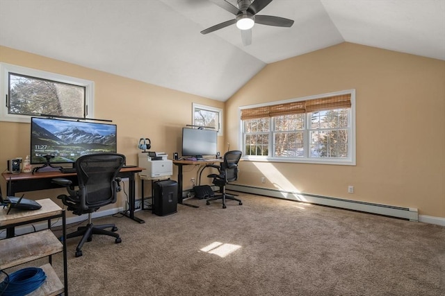 office area with baseboards, a ceiling fan, lofted ceiling, carpet floors, and a baseboard heating unit