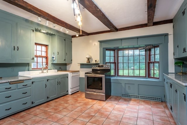 kitchen featuring beamed ceiling, white dishwasher, sink, light tile patterned floors, and stainless steel electric range oven