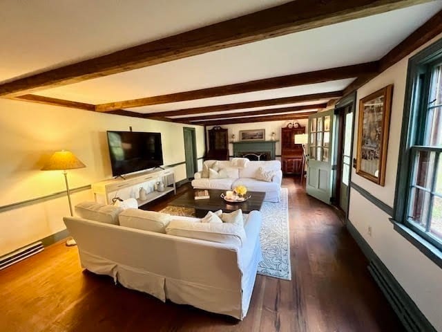 living room with beam ceiling and dark hardwood / wood-style flooring