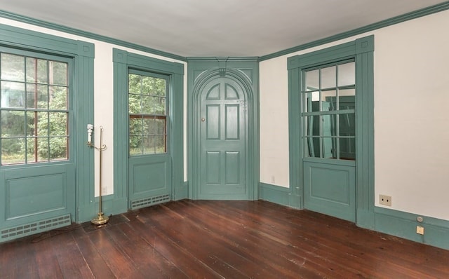 doorway featuring crown molding, dark hardwood / wood-style floors, and plenty of natural light