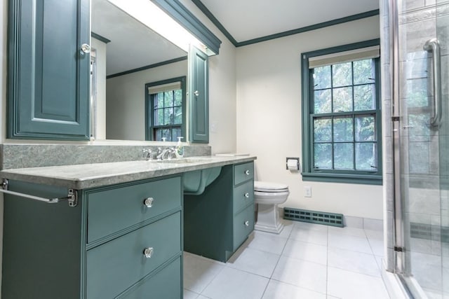 bathroom featuring vanity, toilet, crown molding, and a shower with shower door