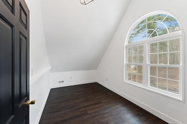 additional living space with lofted ceiling and dark hardwood / wood-style flooring