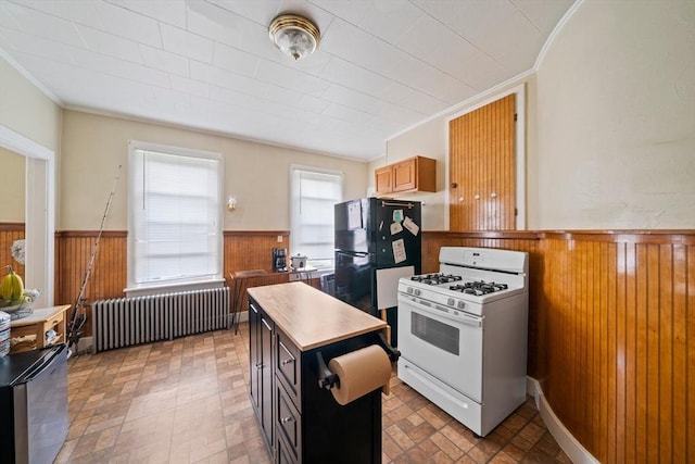 84 Tremont St, Taunton, MA 02780 - kitchen featuring gas range gas stove, radiator, wainscoting, wood walls, and freestanding refrigerator