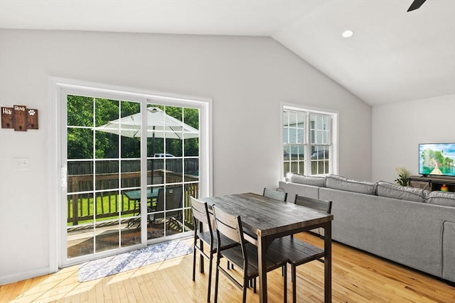 189 Progresso Ave, Woonsocket, RI 02895 - dining space with vaulted ceiling, hardwood / wood-style floors, recessed lighting, and ceiling fan