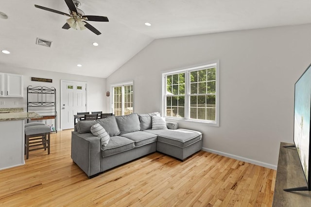 189 Progresso Ave, Woonsocket, RI 02895 - living room featuring lofted ceiling, ceiling fan, light wood-style floors, and recessed lighting