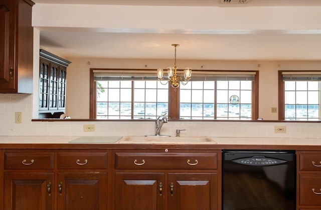 kitchen featuring dishwasher, hanging light fixtures, sink, backsplash, and a chandelier