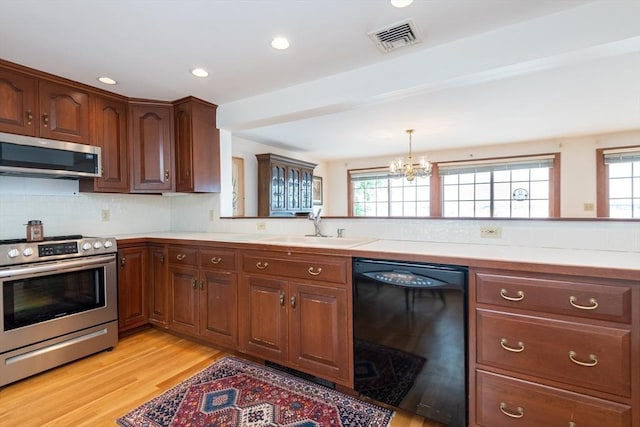 kitchen with decorative light fixtures, stainless steel appliances, sink, backsplash, and light wood-type flooring