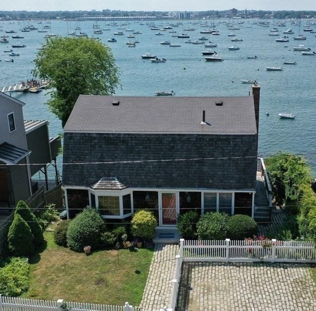 drone / aerial view featuring a water view