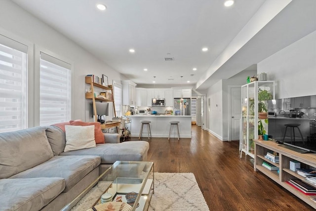 living room featuring dark wood-type flooring