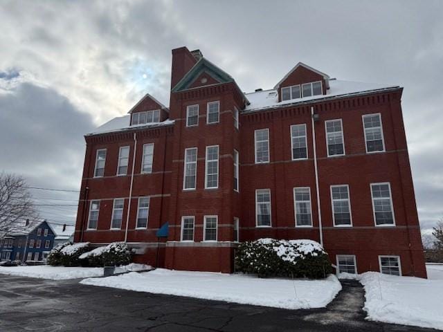 view of snow covered building