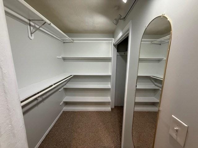 walk in closet featuring dark carpet