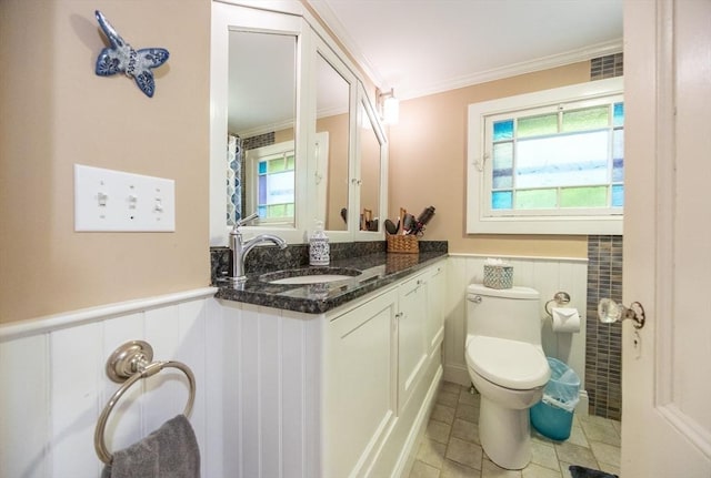 14 Baker St, Foxboro, MA 02035 - bathroom featuring wainscoting, crown molding, vanity, and plenty of natural light