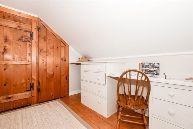 54 Converse Rd, Marion, MA 02738 - office area with vaulted ceiling, light wood-style flooring, and built in study area
