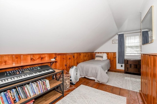 54 Converse Rd, Marion, MA 02738 - bedroom featuring hardwood / wood-style flooring, vaulted ceiling, and wood walls