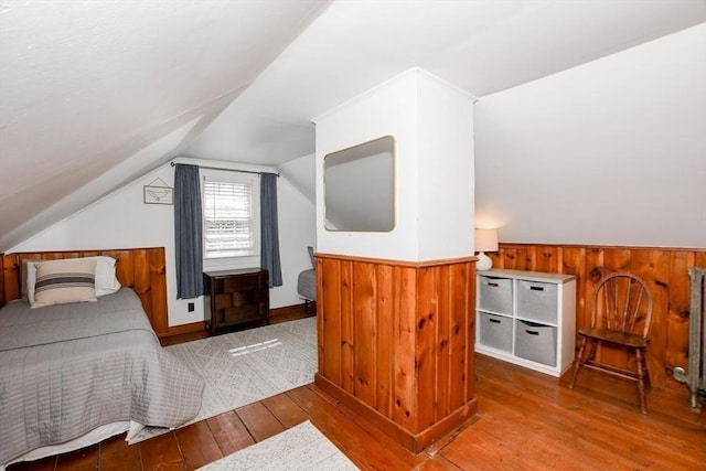 54 Converse Rd, Marion, MA 02738 - bedroom featuring hardwood / wood-style floors, wainscoting, lofted ceiling, and wooden walls
