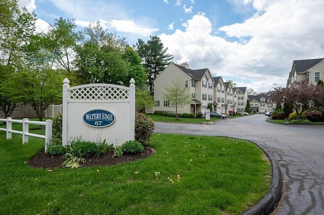 community / neighborhood sign featuring a residential view