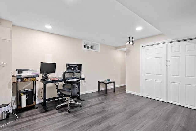 home office with wood finished floors, recessed lighting, and baseboards