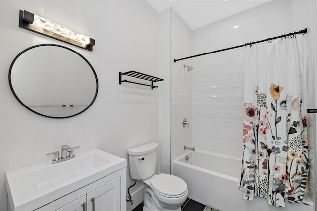 full bath with toilet, shower / bath combination with curtain, and vanity