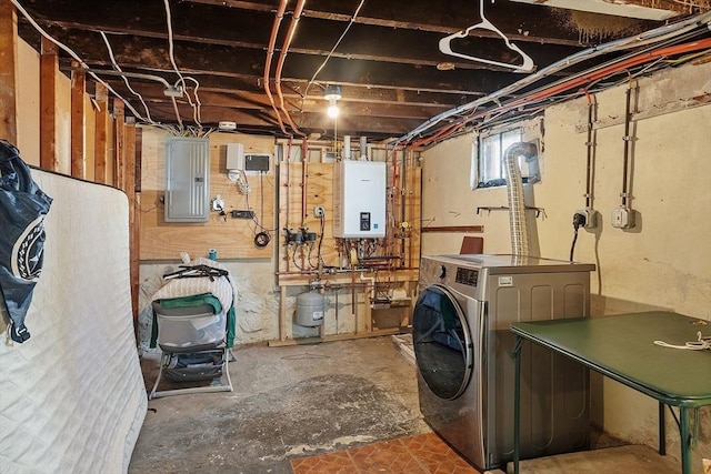 below grade area with water heater, washer / dryer, and electric panel