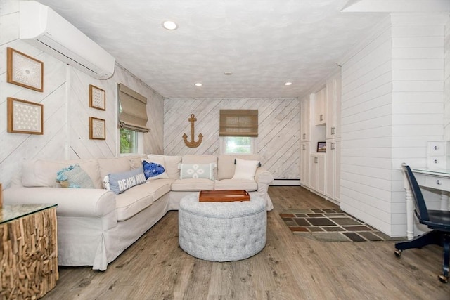 8 Highland View Ave, Mattapoisett, MA 02739 - living room with a wall unit AC, wooden walls, wood finished floors, and recessed lighting