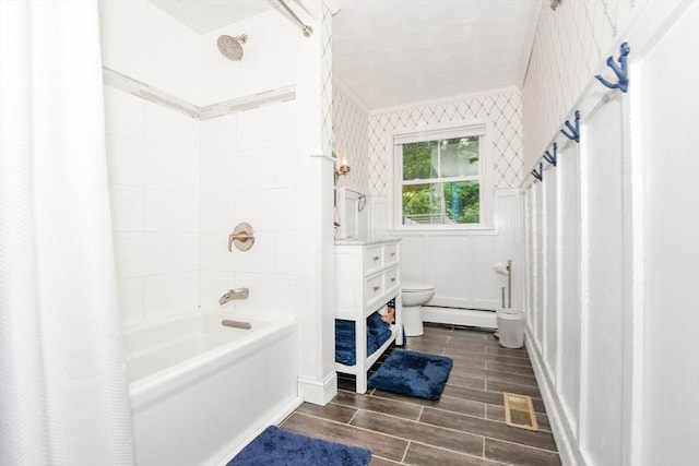 8 Highland View Ave, Mattapoisett, MA 02739 - bathroom with shower / bath combo with shower curtain, wood tiled floors, baseboard heating, and vanity
