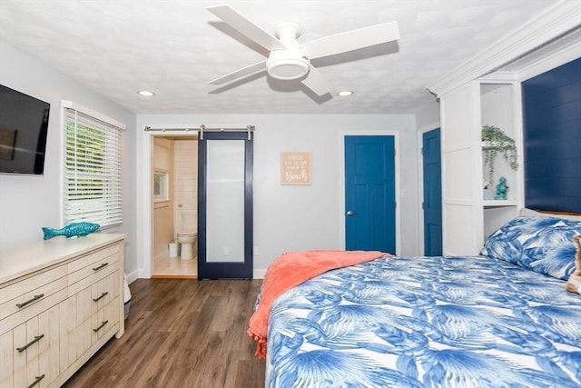 8 Highland View Ave, Mattapoisett, MA 02739 - bedroom featuring a barn door, dark wood-type flooring, recessed lighting, ceiling fan, and ensuite bathroom