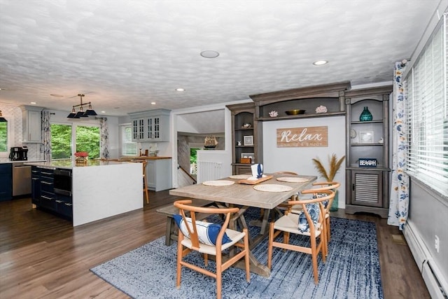 8 Highland View Ave, Mattapoisett, MA 02739 - dining area featuring dark wood finished floors, a baseboard radiator, recessed lighting, and a textured ceiling