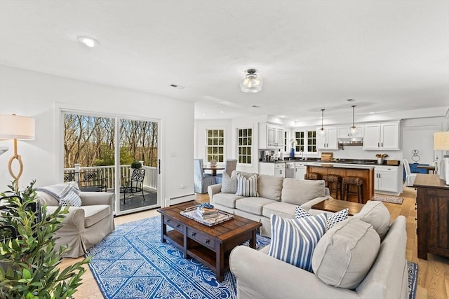 living room with a baseboard heating unit and light hardwood / wood-style flooring