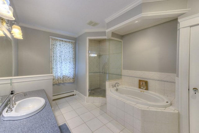 bathroom with tile patterned flooring, a garden tub, visible vents, baseboard heating, and a stall shower
