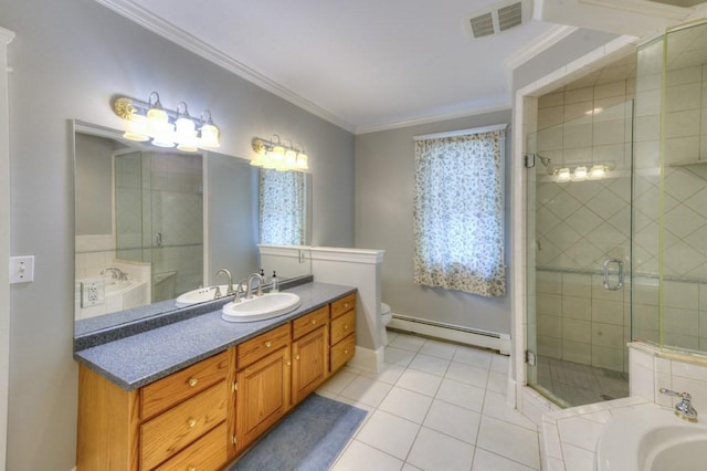 full bathroom featuring visible vents, crown molding, a shower stall, tile patterned floors, and a baseboard heating unit