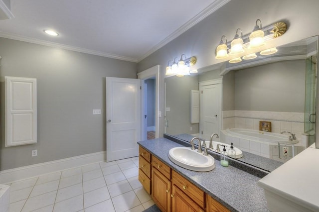 full bath with crown molding, tile patterned floors, a garden tub, and vanity