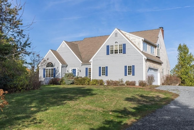 6 Snow Way, Orleans, MA 02653 - view of front facade featuring a chimney, gravel driveway, a front yard, a shingled roof, and an attached garage