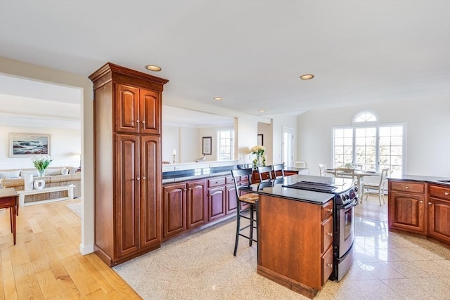 6 Snow Way, Orleans, MA 02653 - kitchen featuring stainless steel range with electric stovetop, dark countertops, a breakfast bar area, a kitchen island, and recessed lighting