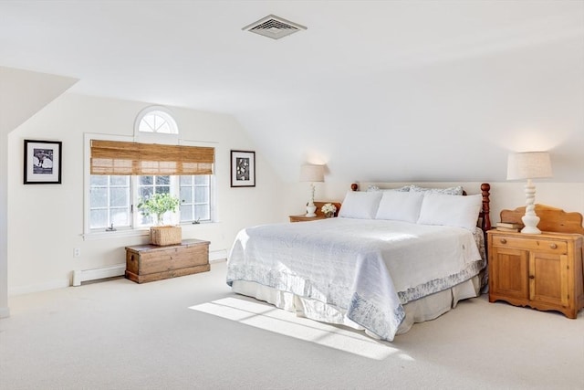 6 Snow Way, Orleans, MA 02653 - bedroom featuring a baseboard radiator, light carpet, lofted ceiling, and baseboards