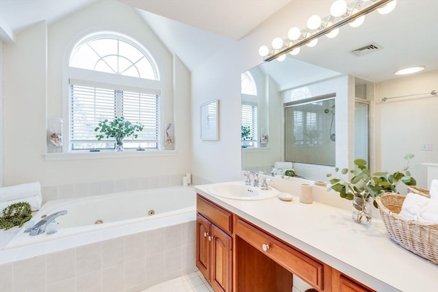 6 Snow Way, Orleans, MA 02653 - bathroom with healthy amount of natural light, a stall shower, vanity, and lofted ceiling
