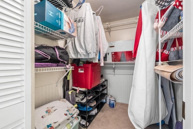 walk in closet with light colored carpet