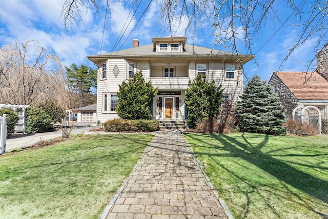 116 Adin St, Hopedale, MA 01747 - american foursquare style home with a balcony, a front yard, and a chimney