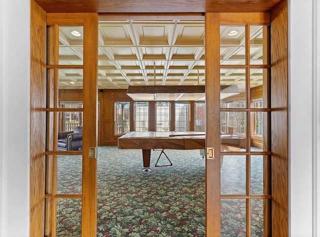 116 Adin St, Hopedale, MA 01747 - game room featuring french doors, wood walls, pool table, ornamental molding, and beam ceiling
