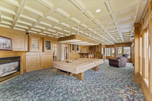 116 Adin St, Hopedale, MA 01747 - playroom with carpet, wooden walls, a glass covered fireplace, billiards, and coffered ceiling