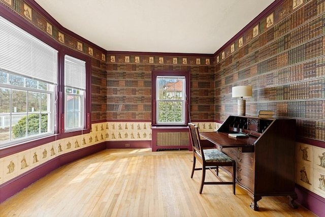 116 Adin St, Hopedale, MA 01747 - office area featuring radiator, hardwood / wood-style floors, wallpapered walls, and ornamental molding