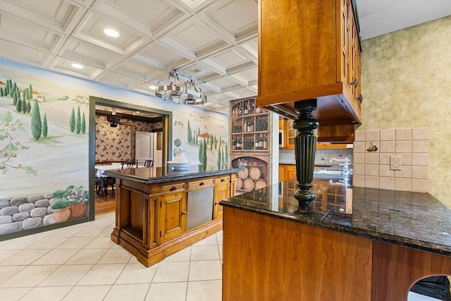 116 Adin St, Hopedale, MA 01747 - bar featuring light tile patterned flooring, a chandelier, coffered ceiling, and decorative backsplash